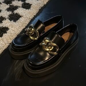 Black Loafers with Gold Chain Detail